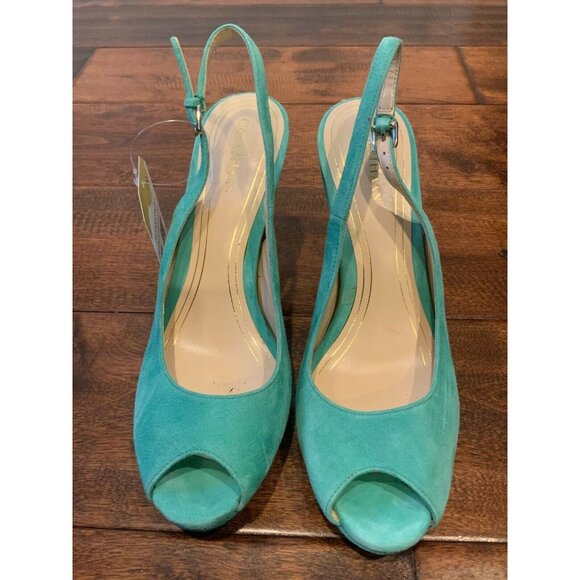 Cole Haan Light Teal Blue Green Suede Peep-Toe Heels, Size 6 (US) - Picture 1 of 9